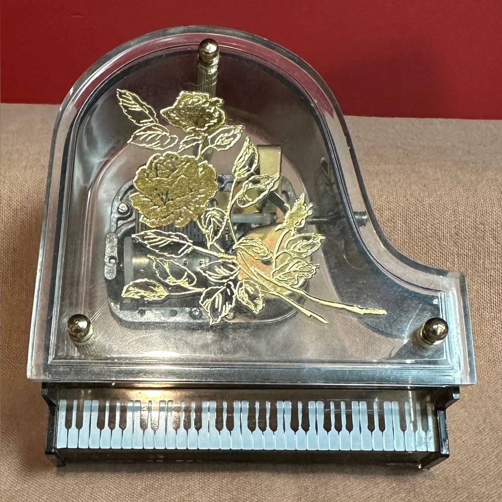 Vintage Sankyo Clear Acrylic Grand Piano Music Box Plays Edelweiss Floral Design